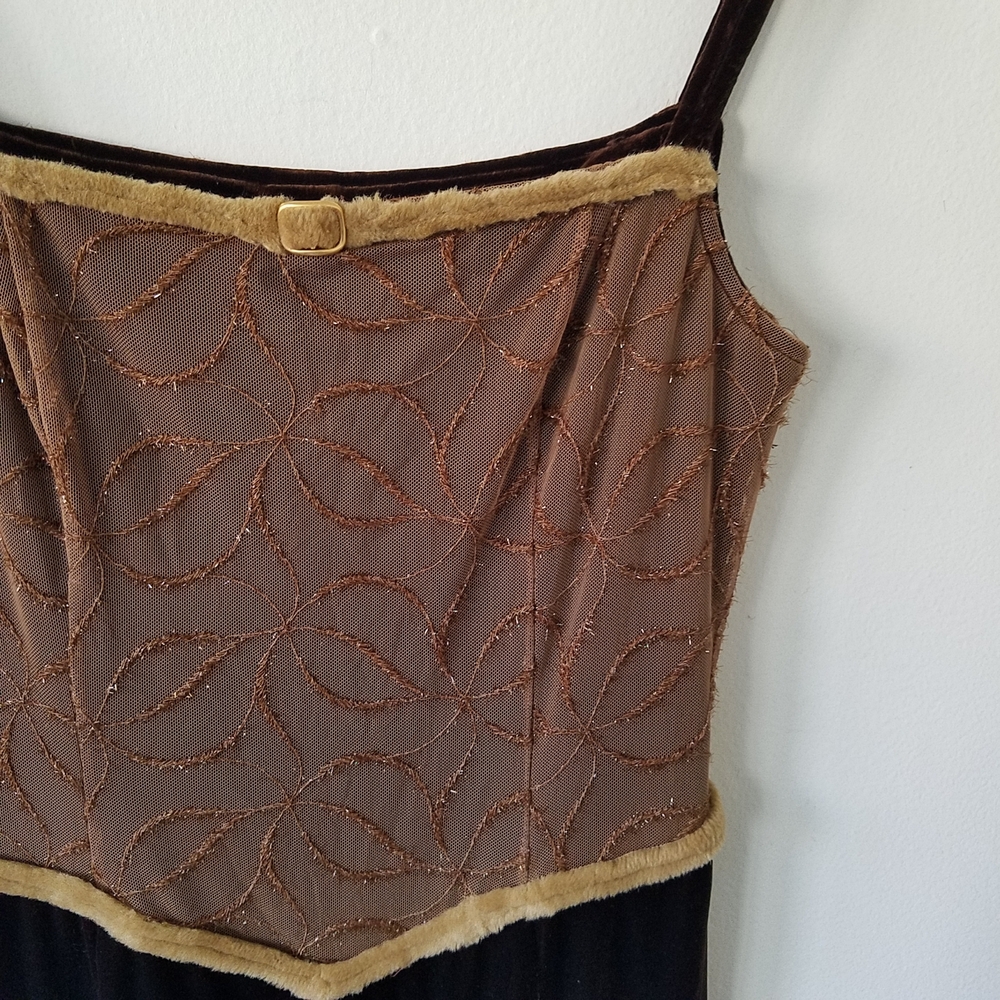 Vtg Y2K Velvet Mesh Square Neck Grunge Whimsigoth Midi Brown Dress - Picture 9 of 16